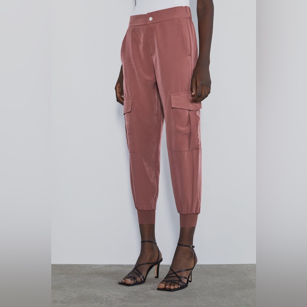 Zara Satin Effect Cargo Jogger Pants Dark Pink Mauve | Size L